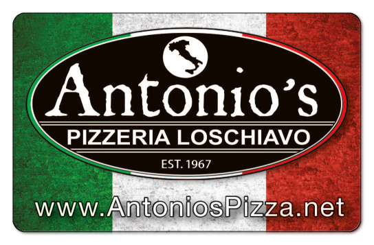 Antonios Pizza Logo over an Italian Flag background.